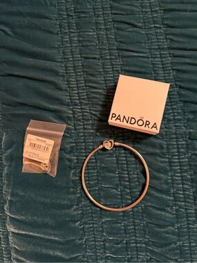 Pandora Silver Heart Clasp Bangle with Charm